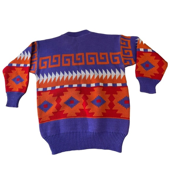 Rags Womens Sweater Vintage New 80s Knitwear Purple Orange Aztec Fringe Medium - Picture 7 of 10